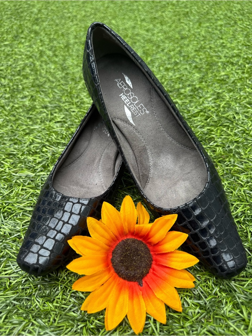 🖤🐊Aerosoles Heelrest Black Croc Square Toe Pumps 5.5